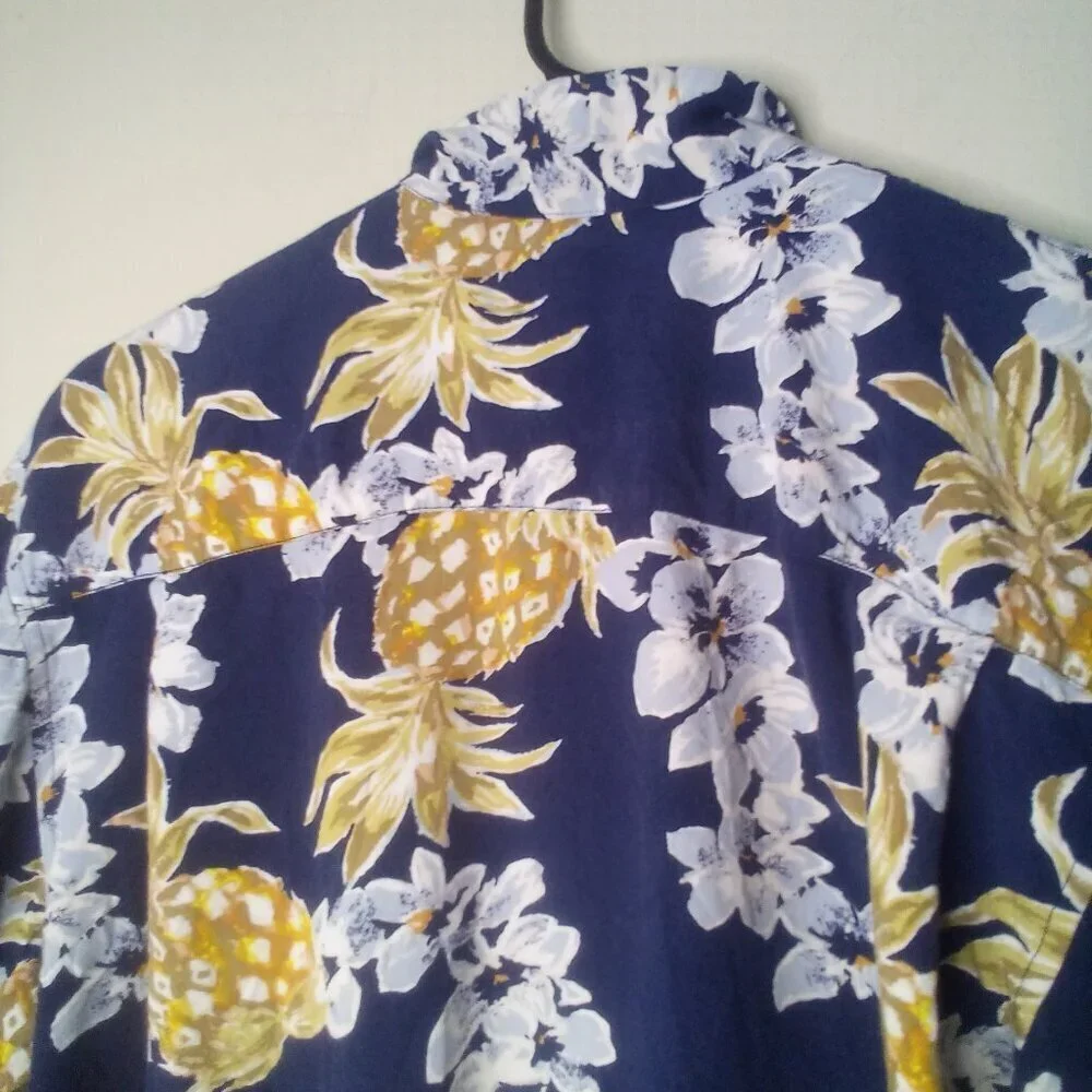 Newport Blue Shirt Men S Button Up Short Sleeve Tropical Floral Pineapple Blue - Picture 11 of 14